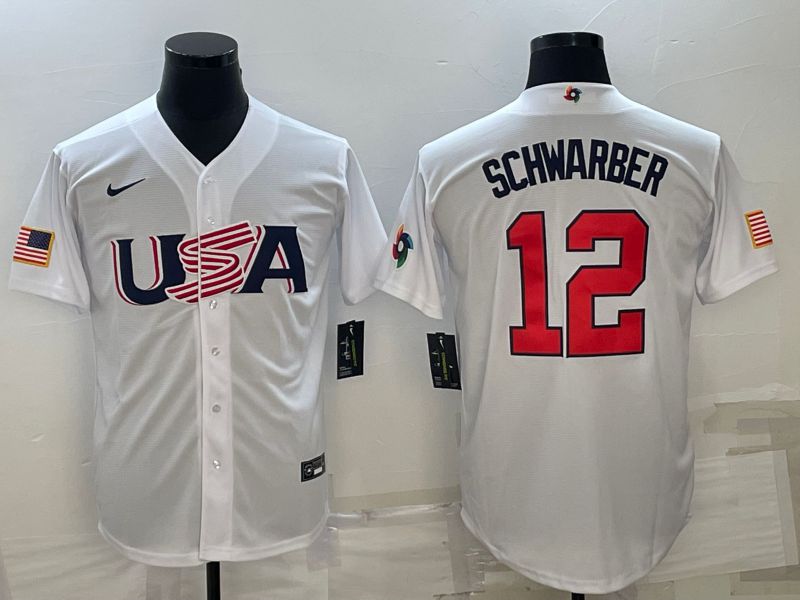 Men 2023 World Cub USA #12 Schwarber White Nike MLB Jersey10